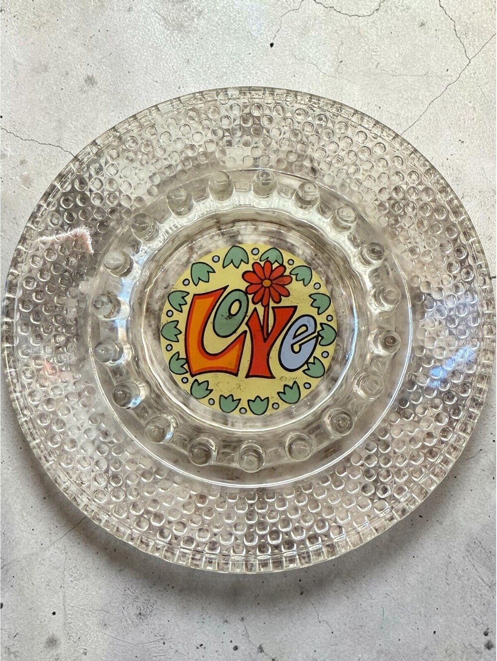 MCM Vintage Glass Ashtray Psychedelic Love Hobnail Glass 1960s